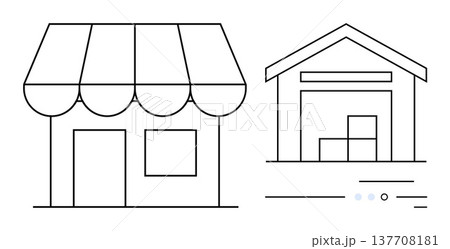 E-commerce, logistics, storage, inventory, retail, delivery. Minimalist design of a store and warehouse with boxes. E-commerce and logistics with clear, concise outlines 137708181