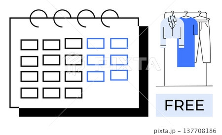 Time management, charity events, organization, free services, clothing donation, community support. Calendar with highlighted dates, clothes on hangers and free sign. Time management and charity 137708186