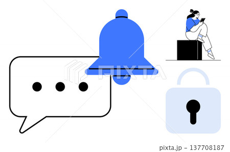 Digital communication, notifications, privacy, online security, social media, messaging. Bell icon, speech bubble padlock and person on phone. Notifications and privacy concept 137708187