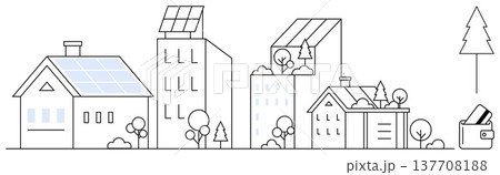 Renewable energy, sustainability, green living, urban development, eco-conscious design, modern technology. Eco-friendly buildings with solar panels, trees and greenery. Renewable energy 137708188