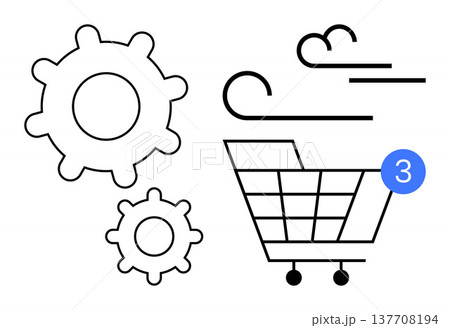 E-commerce, online shopping, retail business, system functionality, user notifications, digital management. Gears, a shopping cart and a notification bubble. E-commerce and online shopping concept E-commerce, online shopping, retail business, system functionality, user notifications, digital management. Gears, a shopping cart and a notification bubble. E-commerce and online shopping concept 137708194