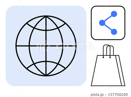 Global communication, digital business, online shopping, technology, e-commerce, data sharing. A globe, network node icon and shopping bag are . Global communication and digital business 137708200