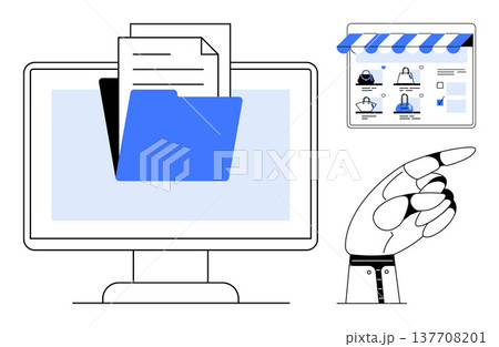 Digital storage, online shopping, automation technology, e-commerce, robotics, file organization. A robotic hand pointing to a screen with a file folder and an online storefront. Digital storage 137708201