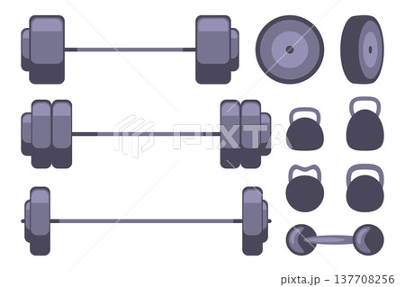 Gym and fitness equipment vector illustration set: barbells, kettlebells and dumbbells in flat style. Gym and fitness equipment vector illustration set: barbells, kettlebells and dumbbells in flat style. 137708256