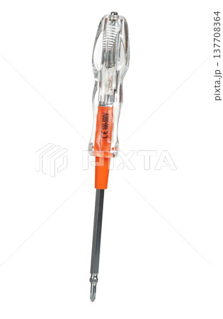 Voltage tester screwdriver with clear handle and orange insulation, isolated on white background. Voltage tester screwdriver with clear handle and orange insulation, isolated on white background. 137708364