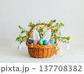 Easter composition with colorful painted eggs in a flower basket on white background. Happy Easter time. 137708382