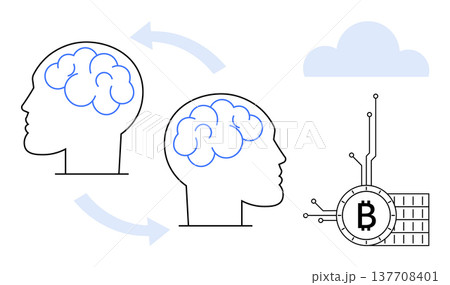 Artificial intelligence, blockchain, cryptocurrency, digital innovation, knowledge sharing, data processing. Two human brains and Bitcoin symbol with cloud. AI and blockchain technologies concept Artificial intelligence, blockchain, cryptocurrency, digital innovation, knowledge sharing, data processing. Two human brains and Bitcoin symbol with cloud. AI and blockchain technologies concept 137708401