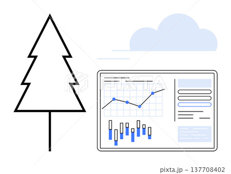 Sustainability, data analysis, eco-friendly business, environmental monitoring, tech innovation, green growth. Tree adjacent to data chart with graphs. Sustainability and data analysis concepts Sustainability, data analysis, eco-friendly business, environmental monitoring, tech innovation, green growth. Tree adjacent to data chart with graphs. Sustainability and data analysis concepts 137708402