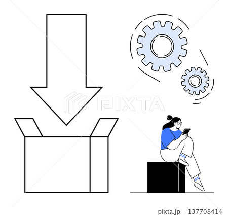 Software installation, user experience, workflow automation, digital tools, technology setup, troubleshooting. Arrow entering a box, gears person using a device. Installation and user experience Software installation, user experience, workflow automation, digital tools, technology setup, troubleshooting. Arrow entering a box, gears person using a device. Installation and user experience 137708414