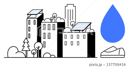 Renewable energy, eco-friendly buildings, sustainable city, urban planning, water conservation, clean technology. Buildings with solar panels, a water drop trees and simple shapes. Renewable energy Renewable energy, eco-friendly buildings, sustainable city, urban planning, water conservation, clean technology. Buildings with solar panels, a water drop trees and simple shapes. Renewable energy 137708416