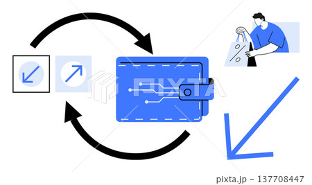 E-commerce, digital transactions, online shopping, currency exchange, payment systems, financial technology. A blue wallet, arrows indicating exchange and a person shopping. E-commerce and digital E-commerce, digital transactions, online shopping, currency exchange, payment systems, financial technology. A blue wallet, arrows indicating exchange and a person shopping. E-commerce and digital 137708447