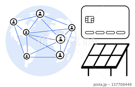 Technology, renewable energy, global connections, digital finance, sustainability, clean energy. Diagram of a network on a globe, a credit card and a solar panel. Technology and renewable energy Technology, renewable energy, global connections, digital finance, sustainability, clean energy. Diagram of a network on a globe, a credit card and a solar panel. Technology and renewable energy 137708449