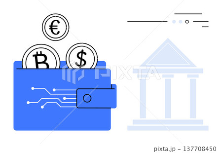Cryptocurrency, blockchain, digital banking, financial transactions, fintech, finances. Blue wallet with Bitcoin, Euro Dollar icons and bank symbol. Cryptocurrency and blockchain concept Cryptocurrency, blockchain, digital banking, financial transactions, fintech, finances. Blue wallet with Bitcoin, Euro Dollar icons and bank symbol. Cryptocurrency and blockchain concept 137708450