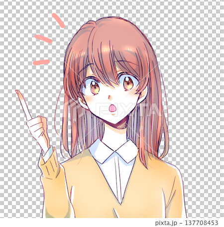 A female student speaking while pointing with her index finger. A female student speaking while pointing with her index finger. 137708453