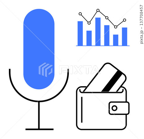 Voice recognition, fintech, analytics, payment technology, e-commerce, digital transactions. Blue microphone, bar chart graph wallet with card outlined in simple design. Voice recognition 137708457
