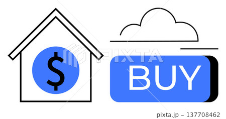 Real estate, purchasing property, financial decisions, e-commerce, investment, homeownership. A house with a dollar sign and a blue buy button. Real estate and purchasing property concept 137708462