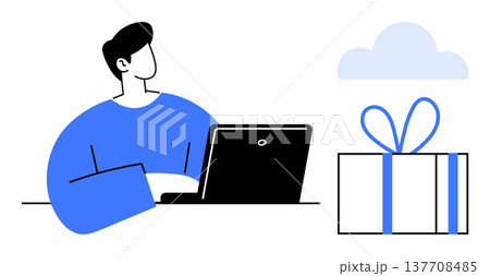 Remote work, online shopping, digital gifting, cloud services, productivity, e-commerce. A person using a laptop next to a gift box and cloud. Remote work and online shopping Remote work, online shopping, digital gifting, cloud services, productivity, e-commerce. A person using a laptop next to a gift box and cloud. Remote work and online shopping 137708485
