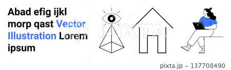Observation, technology, design, creativity, remote work, and architecture. Eye pyramid, house sketch person on a laptop. Observation and technology illustrated 137708490