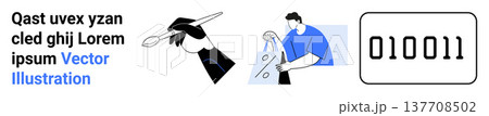 Creativity, digital coding, e-commerce, symbolic art, financial concepts, innovation. Illustration showing a hand with a paintbrush, a person shopping and binary code. Creativity and digital coding Creativity, digital coding, e-commerce, symbolic art, financial concepts, innovation. Illustration showing a hand with a paintbrush, a person shopping and binary code. Creativity and digital coding 137708502