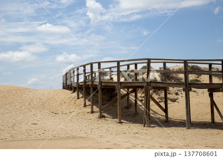 A wooden pier on a Spanish beach, captured in a peaceful coastal landscape with warm Mediterranean light 137708601