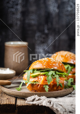 Burger sandwich with salmon 137708629