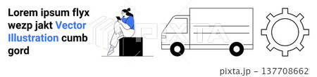 Technology, logistics, innovation, service operations, digital connectivity, transportation. Woman with a smartphone, delivery truck and gear symbol. Technology and logistics concept 137708662