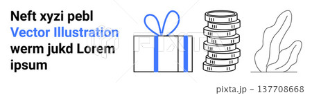 Gifting, finance, savings, minimalism, holiday concepts, modern design. A gift box with a bow, a stack of coins and an abstract leaf outline. Gifting and finance concept Gifting, finance, savings, minimalism, holiday concepts, modern design. A gift box with a bow, a stack of coins and an abstract leaf outline. Gifting and finance concept 137708668