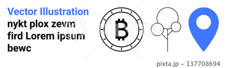 Cryptocurrency, geolocation, nature, blockchain technology, finance, eco-awareness. Bitcoin symbol, location pin and tree icons in a minimalistic design. Cryptocurrency and geolocation concept 137708694
