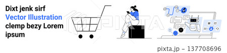 Online shopping, e-commerce, digital communication, remote work, consumer behavior, technology trends. A shopping cart, a person on a device and a laptop with digital elements. Online shopping Online shopping, e-commerce, digital communication, remote work, consumer behavior, technology trends. A shopping cart, a person on a device and a laptop with digital elements. Online shopping 137708696