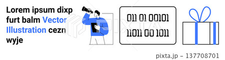 Exploration, digital data, gifts, technology, surveillance, analysis. A man holding a telescope, binary code and a gift box. Exploration and digital data concepts displayed Exploration, digital data, gifts, technology, surveillance, analysis. A man holding a telescope, binary code and a gift box. Exploration and digital data concepts displayed 137708701