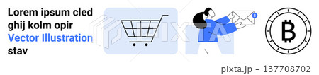 E-commerce, shopping, online transactions, cryptocurrency, digital wallets, delivery services. Shopping cart icon, woman holding a mail package bitcoin symbol. E-commerce and cryptocurrency concept E-commerce, shopping, online transactions, cryptocurrency, digital wallets, delivery services. Shopping cart icon, woman holding a mail package bitcoin symbol. E-commerce and cryptocurrency concept 137708702