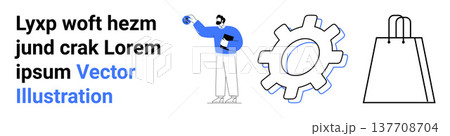 E-commerce, business innovation, shopping trends, professional skills, workflow management, productivity solutions. ion of shopping bag, gear mechanism and person with documents. E-commerce 137708704
