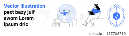 Digital security, remote work, balance, flexibility, data protection, wellness. A tightrope walker, shield with checkmark and a person using a laptop. Digital security and remote work 137708710