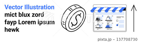 Online shopping, digital payments, e-commerce, web design, business growth, transactions. Features coin symbol and digital storefront interface. E-commerce and digital payments theme 137708730