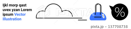 Retail, e-commerce, cloud storage, shopping, discounts, sales promotions. A cloud, shopping bag and percentage icon. Retail and e-commerce concepts focusing on shopping and discounts 137708738