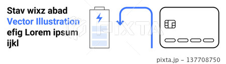 E-commerce, payment systems, energy transfer, fintech, renewable charging, digital transactions. Battery icon connected to an arrow pointing to a credit card. E-commerce and payment systems concept 137708750