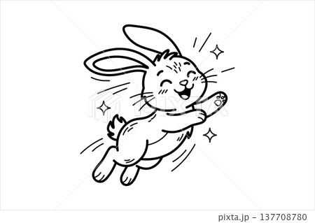 Happy cartoon bunny jumping with sparkles line art illustration isolated on white background 137708780
