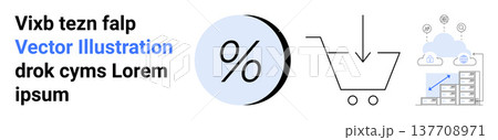 E-commerce, online shopping, discounts, cloud storage, data transfer, digital marketing. Percentage symbol, shopping cart icon and cloud storage graphic. E-commerce and online shopping E-commerce, online shopping, discounts, cloud storage, data transfer, digital marketing. Percentage symbol, shopping cart icon and cloud storage graphic. E-commerce and online shopping 137708971