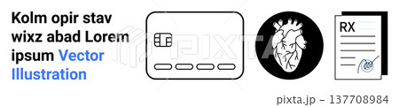 Finance, healthcare, identity verification, digital payments, medical records, and diagnostics. A bank card, anatomical heart illustration and a prescription pad. Finance and healthcare concept 137708984