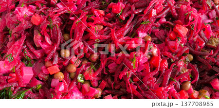 Eastern Slavic dish vegetable salad vinaigrette close-up. Healthy eating and a varied diet. High quality photo 137708985