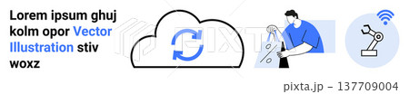 Cloud technology, automation, online shopping, retail, digital connectivity, robotics. A cloud with arrows, a man holding a shopping bag and a robotic arm. Cloud technology and automation concept Cloud technology, automation, online shopping, retail, digital connectivity, robotics. A cloud with arrows, a man holding a shopping bag and a robotic arm. Cloud technology and automation concept 137709004