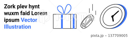 Time management, rewards, celebration, holiday planning, conceptual icons, event preparation. Gift box with a bow, falling coin and clock. Rewards and time management illustrated conceptually Time management, rewards, celebration, holiday planning, conceptual icons, event preparation. Gift box with a bow, falling coin and clock. Rewards and time management illustrated conceptually 137709005