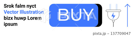 E-commerce, energy savings, tech upgrades, online transactions, growth strategies, business evolution. Blue buy button, electric plug upward arrow. E-commerce and energy savings visualization 137709047