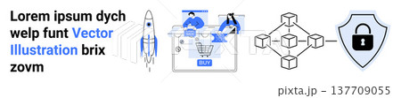 Blockchain network, data security, e-commerce platform, innovation, communication, technology. Rocket, shopping cart blockchain shield. Blockchain technology and data security concept 137709055