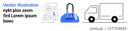Business tools, data analysis, shopping, product delivery, transportation, e-commerce. A document, shopping bag and truck icons in a minimalist style. Business tools and e-commerce concepts 137709084