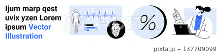 Healthcare, diagnostics, data analysis, medical research, statistics, cardiology. Human figure with cardiograph, heart diagram and percentage symbol. Healthcare and diagnostics concept Healthcare, diagnostics, data analysis, medical research, statistics, cardiology. Human figure with cardiograph, heart diagram and percentage symbol. Healthcare and diagnostics concept 137709099