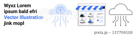 Cloud computing, AI technology, e-commerce platforms, data sharing, neural networks, online innovations. Brain-shaped cloud, online store abstract cloud symbols. Cloud computing and AI technology 137709108