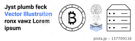 Digital currency, blockchain technology, AI, data storage, fintech, innovation. Bitcoin symbol, brain with AI layers and data server visual. Blockchain technology and AI concepts 137709116
