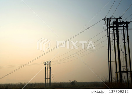 Electricity Pylons and Power Lines Silhouette Against a Misty Golden Sunrise Sky Electricity Pylons and Power Lines Silhouette Against a Misty Golden Sunrise Sky 137709212