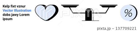 Financial analysis, decision-making, equality, healthcare, percentage measurement, and balance. Black heart, balancing scale and percent symbol against a white background. Decision-making 137709221